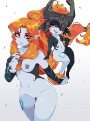 Rule 34 | 2girls, breasts, censored, censored nipples, colored skin, convenient censoring, dual persona, helmet, highres, lips, long hair, medium breasts, midna, midna (true), multicolored skin, multiple girls, nail polish, nintendo, nude, one eye covered, orange hair, parted lips, pointy ears, queen ashi, red eyes, smile, the legend of zelda, the legend of zelda: twilight princess, two-tone skin, white background
