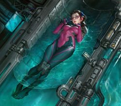 Rule 34 | 1girl, bodysuit, brown hair, covered navel, glasses, green eyes, hairband, highres, jiayuan song, looking at viewer, makinami mari illustrious, neon genesis evangelion, parted lips, partially submerged, plugsuit, rebuild of evangelion, semi-rimless eyewear, solo, technology, toes, v, water, wire