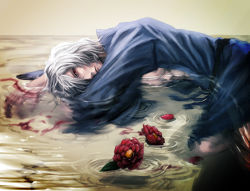 Rule 34 | 00s, 1boy, blood, camellia, flower, japanese clothes, kuroi nyan, lying on water, male focus, open clothes, red eyes, short hair, solo, tohno shiki (2), tsukihime, water, white hair