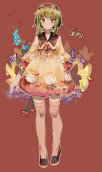 Rule 34 | 1girl, blue flower, brown footwear, character name, closed mouth, commentary, dress, female focus, flower, full body, goggles, goggles on head, gradient dress, green eyes, green hair, gumi, highres, lobelia (saclia), looking at viewer, medium hair, pink thighhighs, purple flower, red background, red flower, simple background, solo, teapot, thighhighs, vocaloid, yellow dress