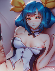 Rule 34 | 1girl, arm at side, artist name, bare shoulders, bed sheet, black thighhighs, blush, bottomless, breasts, breasts apart, buttons, collarbone, detached collar, dizzy (guilty gear), from above, guilty gear, hair ribbon, hand up, leg up, long hair, looking up, medium breasts, navel, nipple slip, nipples, nose blush, out-of-frame censoring, parted lips, pink lady mage, red eyes, ribbon, seductive smile, skindentation, smile, solo focus, spread legs, thighhighs, tsurime, watermark, web address, yellow ribbon
