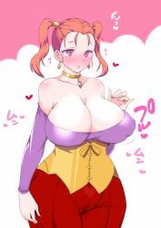 Rule 34 | 1girl, bare shoulders, blush, breasts, cleavage, covered erect nipples, dragon quest, dragon quest viii, earrings, heart, jessica albert, jewelry, large breasts, necklace, orange hair, red eyes, ring, sako (bosscoffee), shiny skin, simple background, solo, square enix, twintails, wedding band