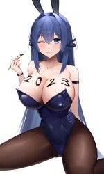 Rule 34 | 1girl, 2023, ;3, absurdres, animal ears, arm strap, azur lane, bare shoulders, black leotard, blue eyes, blue hair, blush, body writing, breasts, cleavage, closed mouth, collarbone, commentary, covered navel, fake animal ears, hair between eyes, hair intakes, highres, holding, holding paintbrush, large breasts, leotard, long hair, looking at viewer, new jersey (azur lane), new jersey (exhilarating steps!) (azur lane), official alternate costume, one eye closed, paintbrush, pantyhose, playboy bunny, rabbit ears, rk (cc15915r), sidelocks, simple background, sitting, smile, solo, strapless, strapless leotard, very long hair, wariza, white background