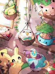 Rule 34 | :d, animal focus, artist name, bird, budew, clefairy, closed eyes, colored skin, commentary request, creatures (company), flower, game freak, gen 1 pokemon, gen 2 pokemon, gen 4 pokemon, gen 7 pokemon, gen 8 pokemon, green necktie, hanabusaoekaki, hanging plant, highres, hoppip, indoors, marill, necktie, nintendo, no humans, open mouth, owl, pikachu, plant, poke ball, pokemon, pokemon (creature), polteageist, potted plant, red flower, red rose, rose, rowlet, sleeping, smile, solid oval eyes, tail, teapot, tree, wooden floor, yellow skin
