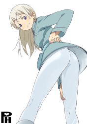 Rule 34 | 1girl, ass, blonde hair, eila ilmatar juutilainen, female focus, from behind, from below, grin, long hair, looking back, military, military uniform, pantyhose, satsuyo, simple background, smile, solo, strike witches, uniform, white background, white pantyhose, world witches series