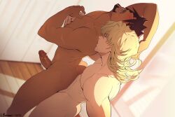 Rule 34 | 2boys, anal, artist name, ass, bara, barnaby brooks jr., blonde hair, blush, brown hair, closed eyes, collaboration, completely nude, dark-skinned male, dark skin, deep penetration, erection, facial hair, kaburagi t. kotetsu, kissing back, large pectorals, lobelmont, male focus, male penetrated, moaning, multiple boys, muscular, muscular male, nipples, nude, open mouth, patto, pectorals, penis, sex, sex from behind, short hair, tiger &amp; bunny, yaoi