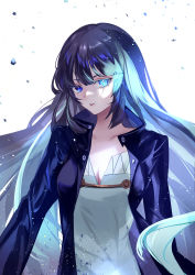 Rule 34 | 1girl, :o, absurdres, black jacket, blue eyes, blue hair, breasts, character request, cleavage, collarbone, feet out of frame, highres, jacket, long hair, looking at viewer, maplestory, maplestory 2, open clothes, open jacket, open mouth, shirt, small breasts, solo, standing, vardan, white shirt