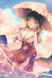 Rule 34 | 1girl, ;d, adapted costume, blue sky, breasts, cleavage, cloud, collared shirt, green hair, highres, holding, holding umbrella, kazami yuuka, large breasts, light particles, looking at viewer, one eye closed, open mouth, outdoors, parasol, plaid, plaid skirt, ratto (mobilis 1870), red eyes, red skirt, shirt, short hair, short sleeves, skirt, sky, smile, solo, touhou, umbrella, wading, white umbrella