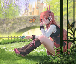 Rule 34 | 1girl, absurdres, akame ga kill!, aki no kan, blurry, boots, bug, butterfly, candy, chelsea (akame ga kill!), depth of field, flower, food, grass, headphones, highres, insect, knees up, lollipop, long hair, outdoors, red eyes, sitting
