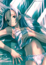Rule 34 | 1girl, armpits, blue eyes, bra, dated, flat chest, highres, milestone celebration, kawata hisashi, lingerie, long hair, lying, on back, open mouth, original, panties, silver hair, sketch, solo, underwear, underwear only, white panties