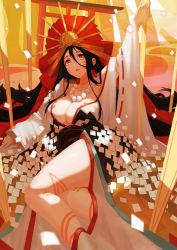 Rule 34 | 1girl, absurdres, arm up, bare shoulders, bead necklace, beads, body markings, breasts, brown hair, collarbone, facial mark, fate/grand order, fate (series), forehead, forehead mark, hair between eyes, headpiece, highres, himiko (fate), himiko (third ascension) (fate), japanese clothes, jewelry, kimono, large breasts, long hair, long hair between eyes, looking at viewer, necklace, off shoulder, open mouth, sash, solo, tatsuya (dh-tatsuya), thighs, white kimono, yellow eyes