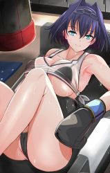 Rule 34 | 1girl, arm across waist, armpits, ass, bare legs, bikini, black gloves, blue eyes, boxing, boxing gloves, bra, breasts, chain, couch, dripping, exercising, gloves, hair intakes, highres, hololive, hololive english, knees up, looking at viewer, lying, nonoririn, on back, ouro kronii, punching bag, resting, see-through, shirt, short hair, sitting, smile, sweat, sweaty clothes, swimsuit, thighs, tied shirt, towel, underwear, virtual youtuber, wet, wet clothes