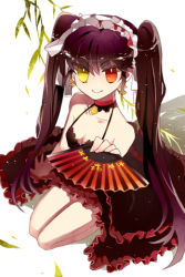 Rule 34 | 1girl, bare shoulders, black hair, breasts, choker, collarbone, detached collar, dress, hand fan, folding fan, frilled dress, frills, grin, gs 5th star, heterochromia, holding, long hair, lowres, maid headdress, multicolored eyes, pin1004, red eyes, seiza, sitting, small breasts, smile, solo, sword girls, twintails, very long hair, yellow eyes