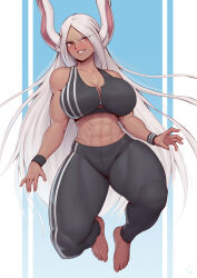 Rule 34 | 1girl, abs, absurdres, animal ears, bare shoulders, barefoot, black pants, black sports bra, black wristband, blue background, boku no hero academia, breasts, cleavage, collarbone, dark-skinned female, dark skin, feet, full body, grin, highres, large breasts, long eyelashes, long hair, looking at viewer, midair, midriff, mirko, muscular, muscular female, navel, pants, parted bangs, partially unzipped, pillarboxed, rabbit ears, rabbit girl, red eyes, smile, solo, speedl00ver, sports bra, stomach, thick thighs, thighs, tight clothes, tight pants, toes, very long hair, white hair