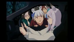 Rule 34 | 4girls, animal ears, aqua bow, balladeluce, blue bow, blue eyes, blue hoodie, bow, braid, brown hair, car, car interior, collared jacket, commentary request, driving, ear bow, ear ornament, french braid, from side, frown, gold ship (umamusume), green jacket, grey hair, hair between eyes, highres, hood, hood down, hoodie, horse ears, horse girl, jacket, long sleeves, mejiro mcqueen (umamusume), motor vehicle, multicolored hair, multiple girls, open clothes, open jacket, open mouth, parody, pillbox hat, purple eyes, red sweater, seatbelt, shirt, short hair, special week (umamusume), steering wheel, streaked hair, sweater, tokai teio (umamusume), umamusume, white hair, white shirt, white sweater