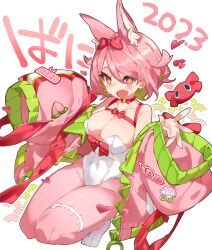 Rule 34 | + +, 1girl, 2023, animal ears, azuchi momo, bow, breasts, choker, cleavage, collarbone, colored inner hair, covered navel, fang, fox ears, full body, green hair, hair bow, hands up, heart, highres, jacket, karizini999, kneeling, large breasts, leotard, long sleeves, looking at viewer, multicolored hair, nijisanji, off shoulder, open mouth, pantyhose, pink eyes, pink hair, pink jacket, pink pantyhose, playboy bunny, red bow, red ribbon, ribbon, ribbon choker, seigaiha, short hair, simple background, sleeves past fingers, sleeves past wrists, solo, strapless, strapless leotard, thigh strap, thighs, virtual youtuber, white background, white leotard, yellow pupils