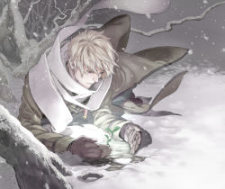 Rule 34 | 00s, 1boy, akekure, axis powers hetalia, blonde hair, coat, cupping hands, flower, gloves, male focus, outdoors, own hands together, plant, purple eyes, russia (hetalia), scarf, snow, snowing, solo, sprout, sunflower, tree, winter
