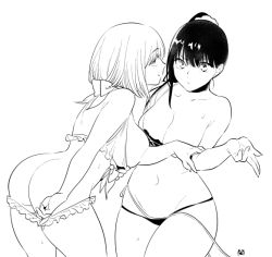 Rule 34 | 10s, 2girls, ass, back, bare shoulders, bikini, black hair, breast press, breasts, cleavage, closed mouth, clothes pull, collarbone, frilled bikini, frills, greyscale, gridman universe, hair ornament, hair up, high ponytail, large breasts, long hair, looking at viewer, monochrome, moopiekun, multiple girls, navel, off shoulder, one-piece swimsuit pull, profile, scrunchie, shinjou akane, short hair, shoulder blades, smile, ssss.gridman, sweat, swimsuit, takarada rikka, underwear