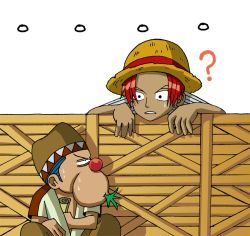 Rule 34 | ..., 2boys, aged down, blue hair, box, buggy the clown, hat, male focus, multiple boys, one piece, paper, red hair, shanks (one piece), simple background, straw hat