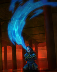 Rule 34 | 1girl, armor, arms behind back, avatar: the last airbender, avatar legends, azula, blue fire, bound, bound arms, breath weapon, breathing fire, closed eyes, devin elle kurtz, element bending, fire, frown, hair down, highres, long hair, open mouth, pillar, pyrokinesis, reflective floor, solo