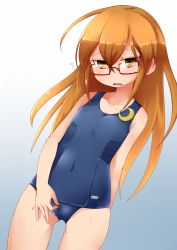 Rule 34 | 10s, 1girl, brown eyes, brown hair, covered navel, crescent, crotch zipper, flying sweatdrops, glasses, gradient background, kantai collection, long hair, mochizuki (kancolle), name tag, nassukun, old school swimsuit, one-piece swimsuit, school swimsuit, solo, standing, swimsuit, zipper