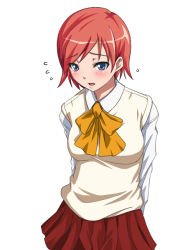Rule 34 | 1girl, blue eyes, blush, collared shirt, female focus, flying sweatdrops, furrowed brow, long sleeves, looking at viewer, medium hair, mishima toshihiro, open mouth, red hair, red skirt, school uniform, serafuku, shirt, short hair, simple background, skirt, solo, standing, sweater, sweater vest, upper body, vest, white background, white shirt