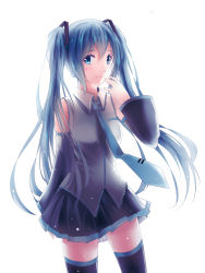 Rule 34 | 1girl, absurdres, blue eyes, blue hair, cowboy shot, detached sleeves, guantoujun, hatsune miku, highres, long hair, matching hair/eyes, necktie, skirt, smile, solo, thighhighs, twintails, very long hair, vocaloid, white background