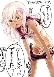 Rule 34 | 1girl, bandaid, bandaid on pussy, blonde hair, blue eyes, blush, breasts, commentary request, crop top, dada (esoragoto), flower, hair flower, hair ornament, kantai collection, leaning forward, long hair, looking at viewer, nipples, one-piece tan, open mouth, pulling own clothes, ro-500 (kancolle), sailor collar, school swimsuit, school uniform, serafuku, simple background, small breasts, smile, solo, speech bubble, standing, swimsuit, tan, tanline, translation request, undressing, white background