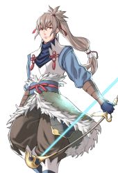 Rule 34 | 1boy, bow (weapon), brown hair, fire emblem, fire emblem fates, gloves, long hair, male focus, minato (robin), nintendo, ponytail, red eyes, solo, takumi (fire emblem), weapon, white background, yumi (bow)
