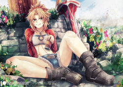 Rule 34 | 1girl, bare legs, belt, blonde hair, blue shorts, boots, breasts, can, day, denim, denim shorts, eyes visible through hair, fate/apocrypha, fate (series), flower, full body, fur-trimmed shorts, fur trim, gensox, greatsword, green eyes, grin, hair ornament, hair scrunchie, hand up, high ponytail, highres, holding, holding can, jacket, jewelry, knee up, leaning back, linea alba, long hair, long sleeves, looking at viewer, medium breasts, mordred (fate), navel, open clothes, open jacket, outdoors, paid reward available, patreon logo, pendant, red jacket, scrunchie, short shorts, shorts, smile, solo, spread legs, stomach, strapless, sword, tube top, unzipped, watermark, weapon, web address, zipper
