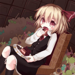 Rule 34 | 1girl, ascot, blonde hair, blush, bow, cake, candy, chocolate cake, dress, eating, embodiment of scarlet devil, fang, female focus, food, hair ribbon, indoors, open mouth, razy (skuroko), red eyes, ribbon, rumia, short hair, side ponytail, sitting, solo, touhou