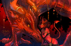 Rule 34 | 1girl, :d, black hair, breasts, claws, colored skin, commentary request, commission, demon girl, demon horns, demon tail, dragon, fangs, fantasy, fingernails, harem outfit, hogara, horn ornament, horn ring, horns, jewelry, long fingernails, looking at viewer, medium breasts, medium hair, navel, open mouth, original, red skin, revealing clothes, scales, sharp fingernails, skeb commission, slit pupils, smile, spines, tail, western dragon, yellow eyes
