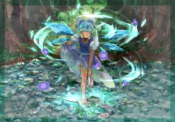 Rule 34 | 1girl, barefoot, blue hair, blush, bow, cirno, closed eyes, clothes lift, dress, dress lift, fairy, flower, forest, glowing, highres, ice, ice wings, looking down, nature, pond, r18ankou, removing shoes, solo, stone, sunflower, tanned cirno, touhou, tree, water, wings