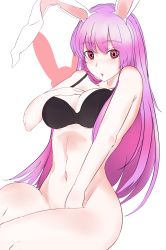 Rule 34 | 1girl, animal ears, ass, bad id, bad pixiv id, bottomless, bra, commentary, hand on breast, highres, kuropan122, long hair, looking at viewer, navel, no panties, open mouth, purple hair, rabbit ears, red eyes, reisen udongein inaba, solo, tagme, toned, touhou, underwear, underwear only, white background