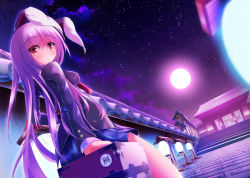 Rule 34 | 1girl, animal ears, architecture, breasts, rabbit ears, east asian architecture, from behind, full moon, impossible clothes, jacket, lantern, long hair, looking at viewer, looking back, moon, moonlight, necktie, night, night sky, outdoors, purple hair, red eyes, reisen udongein inaba, scenery, sitting, skirt, sky, small breasts, solo, star (sky), starry sky, toine hoko, touhou, tree, very long hair