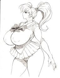 Rule 34 | 1girl, bishoujo senshi sailor moon, bonten, bow, breasts, curvy, dress, elbow gloves, covered erect nipples, female focus, gigantic breasts, gloves, highres, kino makoto, long hair, miniskirt, monochrome, parted lips, partially visible vulva, ponytail, sailor jupiter, scan, sketch, skirt, solo, thick thighs, thighs, wide hips