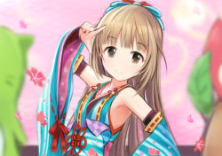 Rule 34 | 1girl, bare shoulders, breasts, brown eyes, detached sleeves, hair ornament, idolmaster, idolmaster cinderella girls, idolmaster cinderella girls starlight stage, japanese clothes, long hair, looking at viewer, nannacy7, small breasts, smile, yorita yoshino
