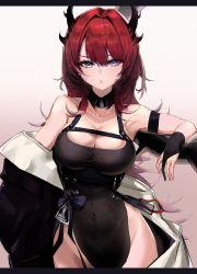 Rule 34 | 1girl, absurdres, arknights, arm support, armpits, bare hips, bare shoulders, black collar, black jacket, breasts, chest strap, cleavage, collar, covered navel, demon horns, detached collar, hair intakes, highres, horns, inhey, jacket, large breasts, leotard, letterboxed, long hair, looking at viewer, mole, mole on breast, open clothes, open jacket, purple eyes, red hair, shoulder blades, solo, surtr (arknights), very long hair