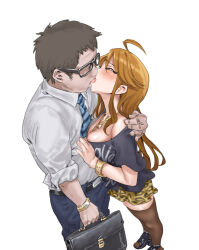 Rule 34 | 1boy, 1girl, ahoge, animal print, bag, black thighhighs, blush, bracelet, breasts, closed eyes, faceless, faceless male, formal, french kiss, glasses, hamedoragon, hetero, holding, holding bag, idolmaster, idolmaster million live!, jewelry, kiss, large breasts, leopard print, producer (idolmaster), profile, simple background, sleeves rolled up, thighhighs, tokoro megumi, white background