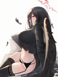 Rule 34 | 1girl, absurdres, bbul horn, black hair, black panties, black shirt, black thighhighs, blue archive, blurry, breasts, collared shirt, crop top, crop top overhang, depth of field, feathered wings, feathers, from side, garter belt, hair between eyes, halo, hasumi (blue archive), highres, lace trim, large breasts, long hair, long sleeves, looking at viewer, mole, mole under eye, navel, no pants, panties, parted lips, pillow, red eyes, sailor collar, shirt, sitting, solo, stomach, string panties, thighhighs, thighs, underwear, very long hair, wings, yokozuwari
