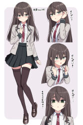Rule 34 | 1girl, black skirt, black thighhighs, blazer, blush, brown footwear, brown hair, closed mouth, collared shirt, green eyes, hair between eyes, hands up, highres, jacket, loafers, long hair, long sleeves, looking at viewer, multiple views, necktie, open clothes, open jacket, open mouth, original, pleated skirt, red necktie, shirt, shirt tucked in, shoes, skirt, thighhighs, translation request, white shirt, yakob labo