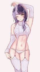 Rule 34 | 1girl, absurdres, armpits, bare shoulders, black hair, blush, breasts, garter straps, grey hair, hair ornament, highres, hololive, hololive english, karu (karusenpai), long hair, looking at viewer, medium breasts, meme attire, multicolored hair, navel, one eye closed, open mouth, panties, ribbed sleeves, ribbed thighhighs, shiori novella, sleeveless, sleeveless sweater, sleeveless turtleneck, solo, split-color hair, sweater, turtleneck, turtleneck sweater, two-tone hair, underwear, virgin destroyer sweater, virtual youtuber, white panties, white sweater, yellow eyes