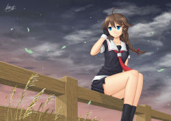 Rule 34 | 10s, 1girl, absurdres, ahoge, black gloves, black serafuku, black shirt, black skirt, black socks, blouse, blue eyes, braid, brown hair, fence, gloves, hair flaps, hair ornament, tucking hair, highres, kantai collection, leaf, legs together, looking afar, looking to the side, miniskirt, neckerchief, parted lips, pleated skirt, red neckerchief, school uniform, serafuku, shigure (kancolle), shigure kai ni (kancolle), shirt, short sleeves, signature, single braid, sitting, skirt, sky, smile, socks, solo, star (sky), tri-edge, twilight, wheat, wind, wooden fence