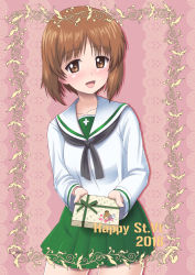 Rule 34 | 1girl, black neckerchief, blouse, blush, boko (girls und panzer), box, brown eyes, brown hair, commentary, cowboy shot, dated, doily, english text, gift, gift box, girls und panzer, green skirt, happy valentine, holding, holding gift, long sleeves, looking at viewer, miniskirt, neckerchief, nishizumi miho, ooarai school uniform, open mouth, pink background, pleated skirt, sailor collar, school uniform, serafuku, shirt, short hair, skirt, smile, solo, standing, t k, white sailor collar, white shirt