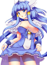 Rule 34 | 10s, 1girl, :o, aoki reika, areola slip, bike shorts, bike shorts under skirt, blue dress, blue eyes, blue hair, blue skirt, blue theme, breast slip, breasts, choker, clothes lift, cure beauty, dress, hair tubes, head wings, highres, large breasts, long hair, magical girl, matching hair/eyes, nipple slip, nipples, one breast out, open mouth, precure, shorts, shorts under skirt, sidelocks, simple background, skirt, skirt lift, smile precure!, solo, tiara, tro, wardrobe malfunction, white background, wings, wrist cuffs