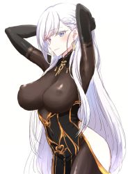 Rule 34 | 1girl, alternate costume, arms up, azur lane, belfast (azur lane), black bodysuit, black dress, black gloves, blue eyes, blush, bodysuit, braid, breasts, closed mouth, covered erect nipples, dress, earrings, elbow gloves, french braid, gloves, highres, hip vent, jewelry, large breasts, long hair, looking at viewer, sbs, simple background, solo, white background, white hair