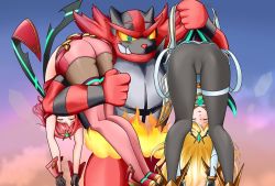 Rule 34 | 1other, 2girls, ass, blonde hair, blue eyes, carrying, circlet, closed eyes, creatures (company), defeat, fingerless gloves, from behind, game freak, gen 7 pokemon, gloves, highres, incineroar, katakatugi, long hair, multiple girls, mythra (xenoblade), nintendo, open mouth, pantyhose, pantyhose under shorts, pokemon, pokemon (creature), pyra (xenoblade), red hair, red scarf, red shorts, scarf, shiny clothes, short hair, short shorts, shorts, skirt, super smash bros., thighhighs, upskirt, xenoblade chronicles (series), xenoblade chronicles 2