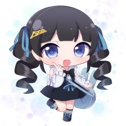 Rule 34 | 1girl, :d, bag, black bow, black footwear, black hair, black skirt, blue eyes, blue ribbon, bow, chibi, clothing cutout, commentary request, drill hair, fishnet socks, fishnets, full body, hair ribbon, highres, long sleeves, nijisanji, open mouth, puffy long sleeves, puffy sleeves, rensei, ribbon, shirt, shoes, shoulder bag, shoulder cutout, skirt, sleeves past wrists, smile, socks, solo, standing, standing on one leg, tsukino mito, tsukino mito (14th costume), twin drills, twintails, virtual youtuber, white background, white bow, white shirt