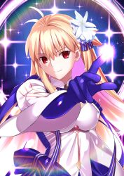 Rule 34 | 1girl, antenna hair, archetype earth, arcueid brunestud, blonde hair, blue gloves, breasts, closed mouth, commentary request, dress, fate/grand order, fate (series), flower, gloves, hair between eyes, hair flower, hair ornament, highres, long hair, looking at viewer, magic, masaruokayama, medium breasts, official alternate costume, official alternate hairstyle, reaching, reaching towards viewer, red eyes, single hair intake, smile, solo, tsukihime, tsukihime (remake), very long hair, white dress, white flower, wide sleeves