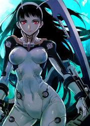 Rule 34 | 1girl, antennae, bai hua, black hair, bodysuit, breasts, cover image, covered navel, highres, lips, long hair, looking at viewer, official art, red eyes, sanzhuangwangcat, school shock, solo, very long hair, weapon, young bee